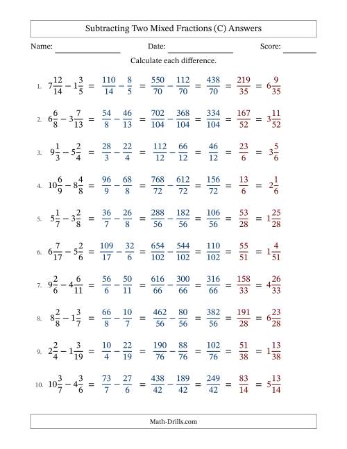The Subtracting Two Mixed Fractions with Unlike Denominators, Mixed Fractions Results and All Simplifying (C) Math Worksheet Page 2