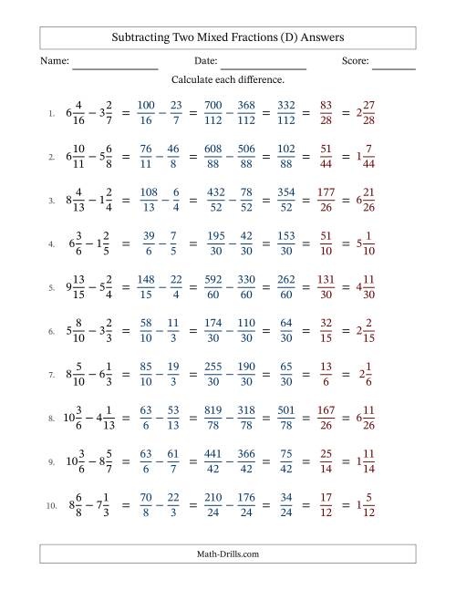 The Subtracting Two Mixed Fractions with Unlike Denominators, Mixed Fractions Results and All Simplifying (D) Math Worksheet Page 2