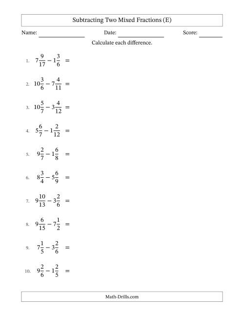 The Subtracting Two Mixed Fractions with Unlike Denominators, Mixed Fractions Results and All Simplifying (E) Math Worksheet