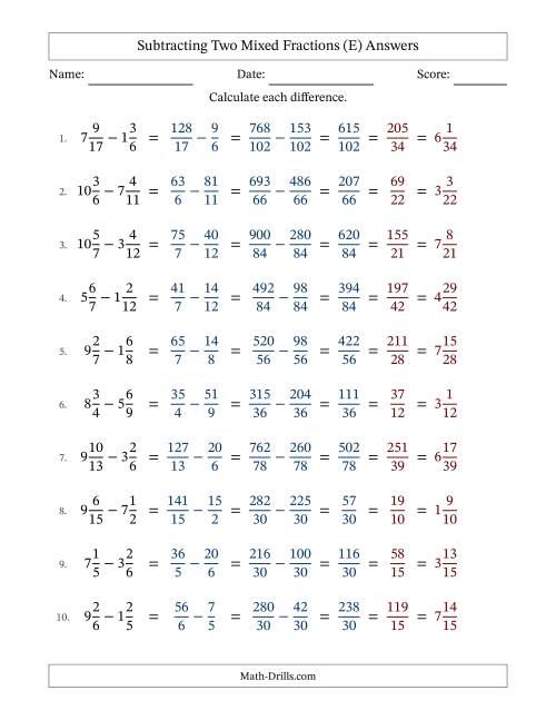 The Subtracting Two Mixed Fractions with Unlike Denominators, Mixed Fractions Results and All Simplifying (E) Math Worksheet Page 2