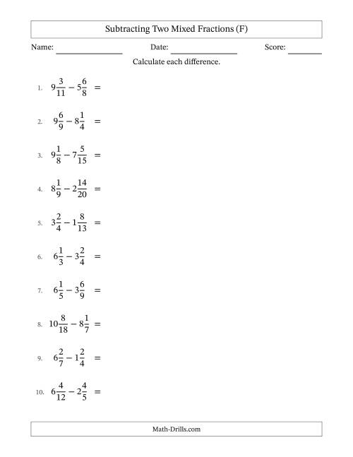 The Subtracting Two Mixed Fractions with Unlike Denominators, Mixed Fractions Results and All Simplifying (F) Math Worksheet