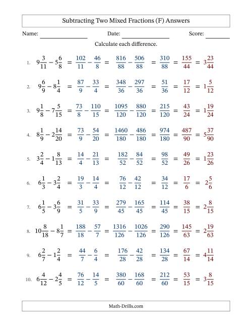 The Subtracting Two Mixed Fractions with Unlike Denominators, Mixed Fractions Results and All Simplifying (F) Math Worksheet Page 2