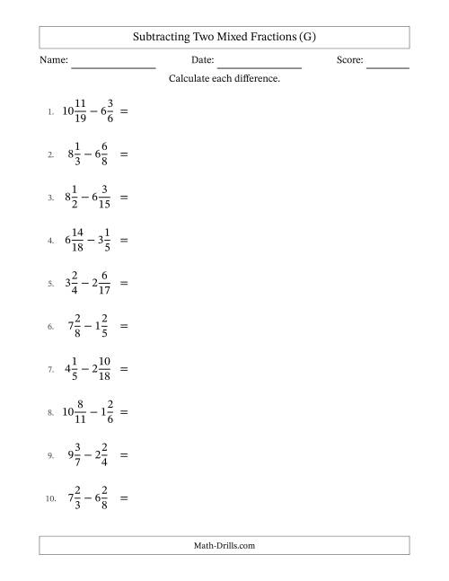 The Subtracting Two Mixed Fractions with Unlike Denominators, Mixed Fractions Results and All Simplifying (G) Math Worksheet