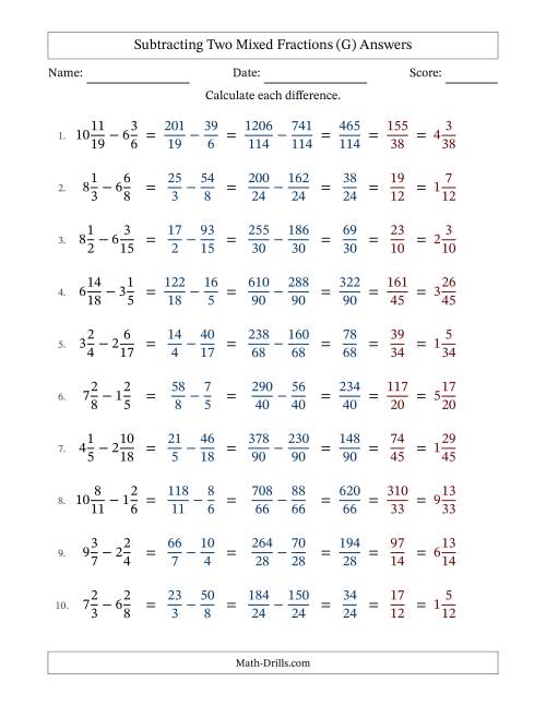 The Subtracting Two Mixed Fractions with Unlike Denominators, Mixed Fractions Results and All Simplifying (G) Math Worksheet Page 2