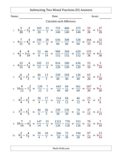 The Subtracting Two Mixed Fractions with Unlike Denominators, Mixed Fractions Results and All Simplifying (H) Math Worksheet Page 2