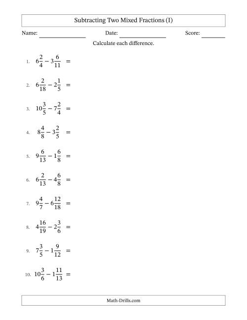 The Subtracting Two Mixed Fractions with Unlike Denominators, Mixed Fractions Results and All Simplifying (I) Math Worksheet