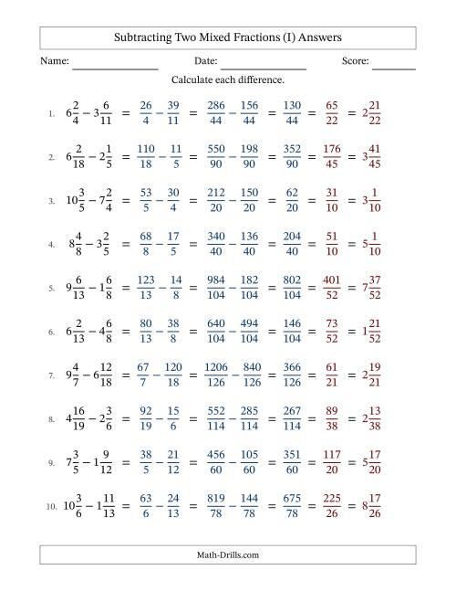The Subtracting Two Mixed Fractions with Unlike Denominators, Mixed Fractions Results and All Simplifying (I) Math Worksheet Page 2