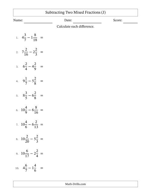 The Subtracting Two Mixed Fractions with Unlike Denominators, Mixed Fractions Results and All Simplifying (J) Math Worksheet