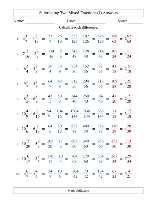 The Subtracting Two Mixed Fractions with Unlike Denominators, Mixed Fractions Results and All Simplifying (J) Math Worksheet Page 2
