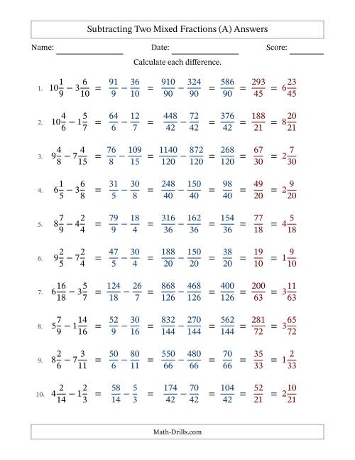 The Subtracting Two Mixed Fractions with Unlike Denominators, Mixed Fractions Results and All Simplifying (All) Math Worksheet Page 2