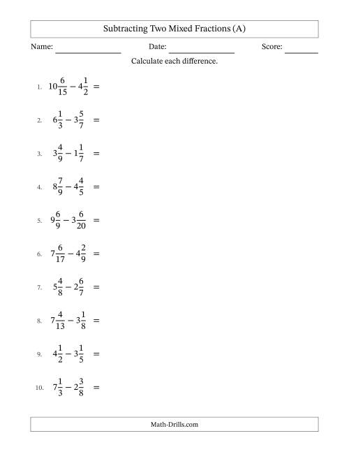 The Subtracting Two Mixed Fractions with Unlike Denominators, Mixed Fractions Results and Some Simplifying (A) Math Worksheet