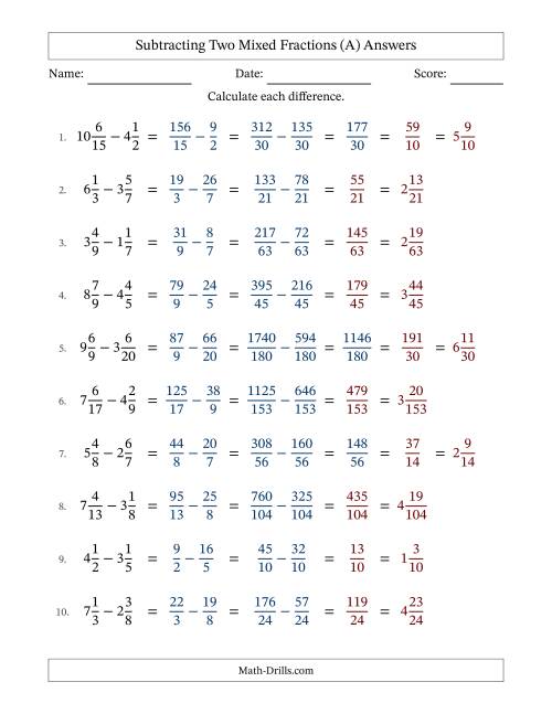 The Subtracting Two Mixed Fractions with Unlike Denominators, Mixed Fractions Results and Some Simplifying (A) Math Worksheet Page 2