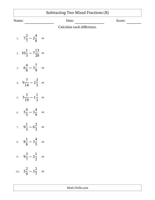 The Subtracting Two Mixed Fractions with Unlike Denominators, Mixed Fractions Results and Some Simplifying (B) Math Worksheet