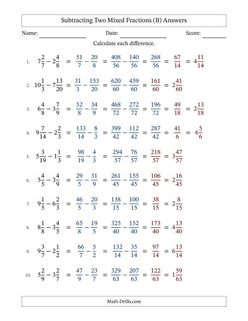 The Subtracting Two Mixed Fractions with Unlike Denominators, Mixed Fractions Results and Some Simplifying (B) Math Worksheet Page 2