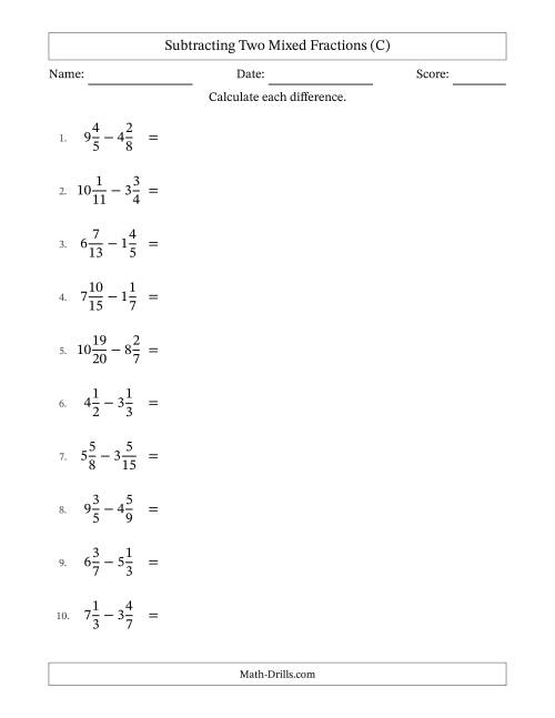 The Subtracting Two Mixed Fractions with Unlike Denominators, Mixed Fractions Results and Some Simplifying (C) Math Worksheet