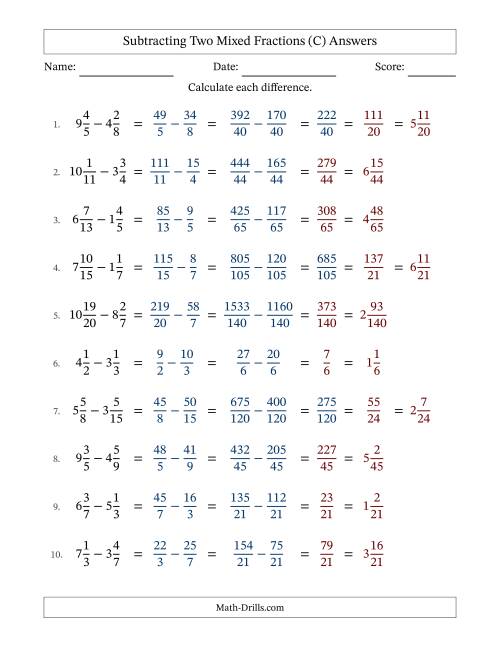 The Subtracting Two Mixed Fractions with Unlike Denominators, Mixed Fractions Results and Some Simplifying (C) Math Worksheet Page 2