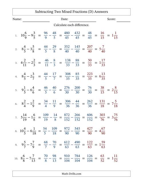 The Subtracting Two Mixed Fractions with Unlike Denominators, Mixed Fractions Results and Some Simplifying (D) Math Worksheet Page 2