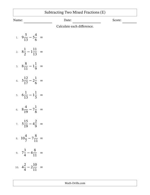The Subtracting Two Mixed Fractions with Unlike Denominators, Mixed Fractions Results and Some Simplifying (E) Math Worksheet