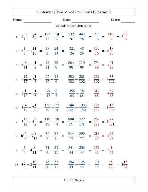 The Subtracting Two Mixed Fractions with Unlike Denominators, Mixed Fractions Results and Some Simplifying (E) Math Worksheet Page 2