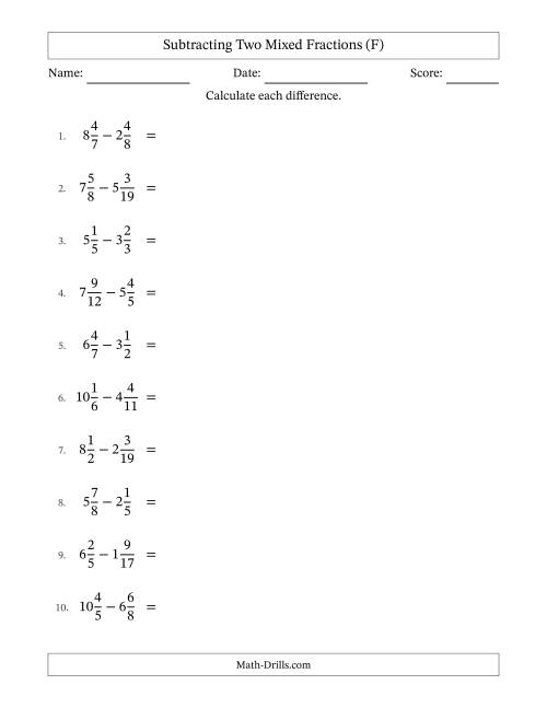 The Subtracting Two Mixed Fractions with Unlike Denominators, Mixed Fractions Results and Some Simplifying (F) Math Worksheet