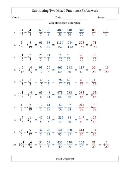 The Subtracting Two Mixed Fractions with Unlike Denominators, Mixed Fractions Results and Some Simplifying (F) Math Worksheet Page 2
