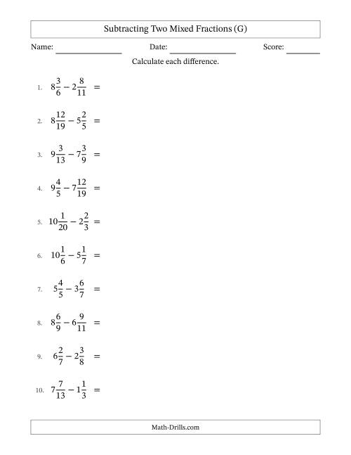 The Subtracting Two Mixed Fractions with Unlike Denominators, Mixed Fractions Results and Some Simplifying (G) Math Worksheet