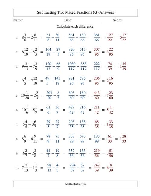 The Subtracting Two Mixed Fractions with Unlike Denominators, Mixed Fractions Results and Some Simplifying (G) Math Worksheet Page 2