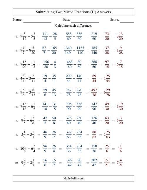 The Subtracting Two Mixed Fractions with Unlike Denominators, Mixed Fractions Results and Some Simplifying (H) Math Worksheet Page 2