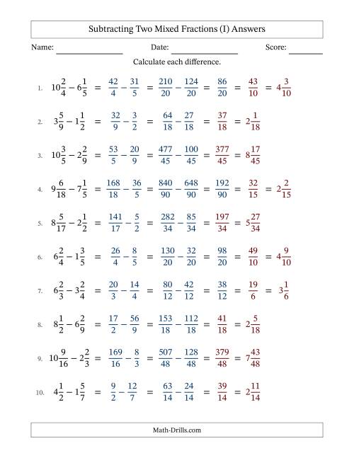 The Subtracting Two Mixed Fractions with Unlike Denominators, Mixed Fractions Results and Some Simplifying (I) Math Worksheet Page 2