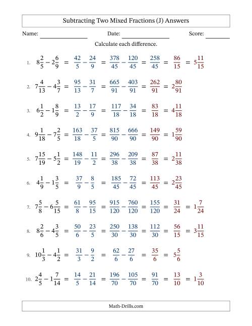 The Subtracting Two Mixed Fractions with Unlike Denominators, Mixed Fractions Results and Some Simplifying (J) Math Worksheet Page 2