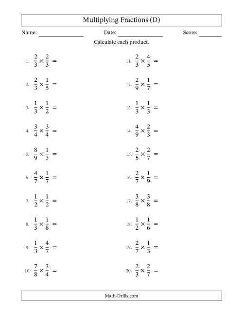 The Multiplying Two Proper Fractions with No Simplification (D) Math Worksheet