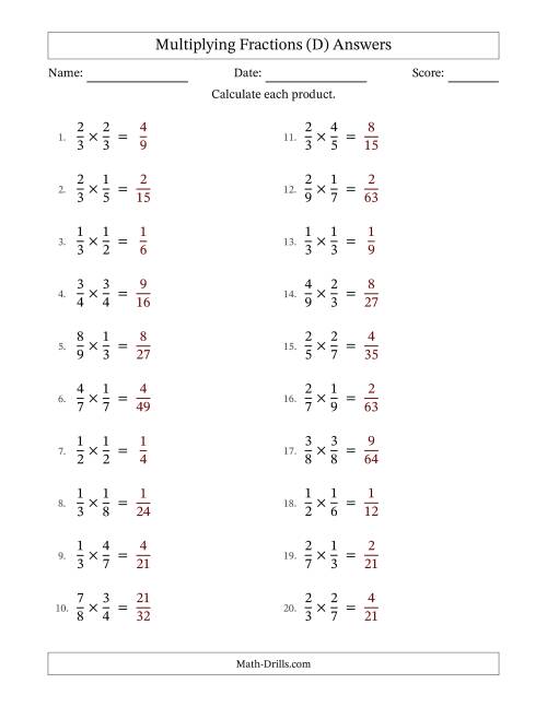 The Multiplying Two Proper Fractions with No Simplification (D) Math Worksheet Page 2
