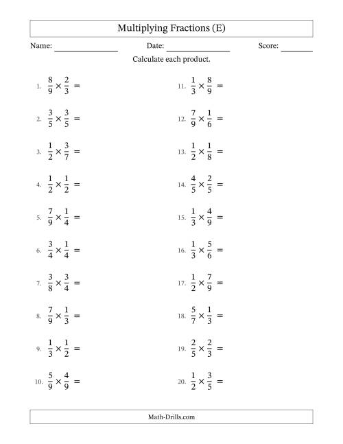 The Multiplying Two Proper Fractions with No Simplification (E) Math Worksheet