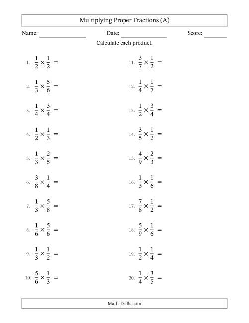 The Multiplying Two Proper Fractions with No Simplifying (All) Math Worksheet
