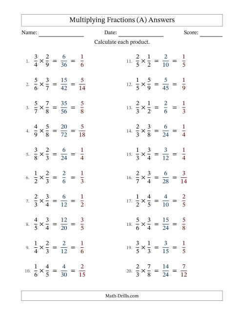 The Multiplying Two Proper Fractions with All Simplifying (A) Math Worksheet Page 2