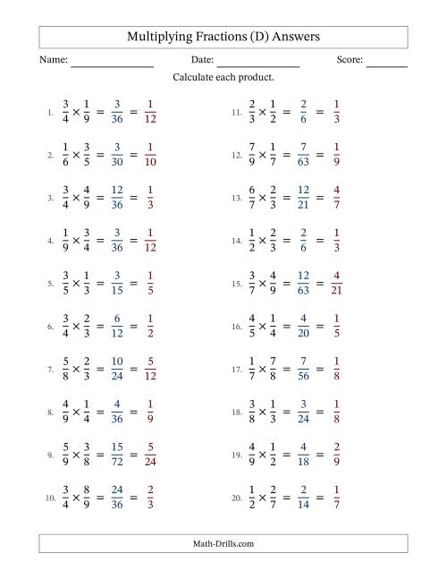 The Multiplying Two Proper Fractions with All Simplification (D) Math Worksheet Page 2