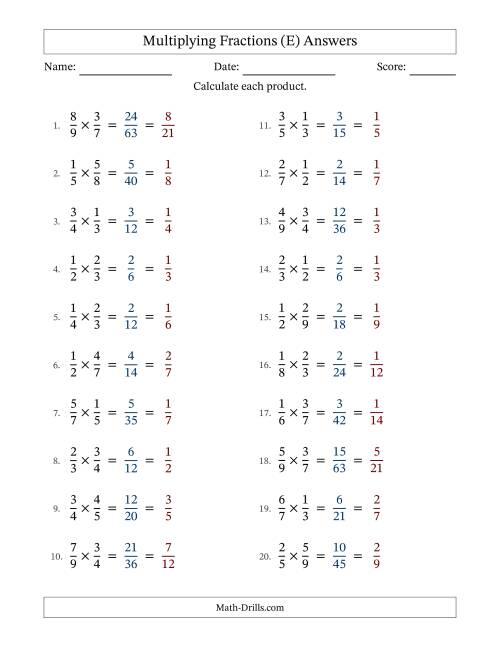 The Multiplying Two Proper Fractions with All Simplification (E) Math Worksheet Page 2