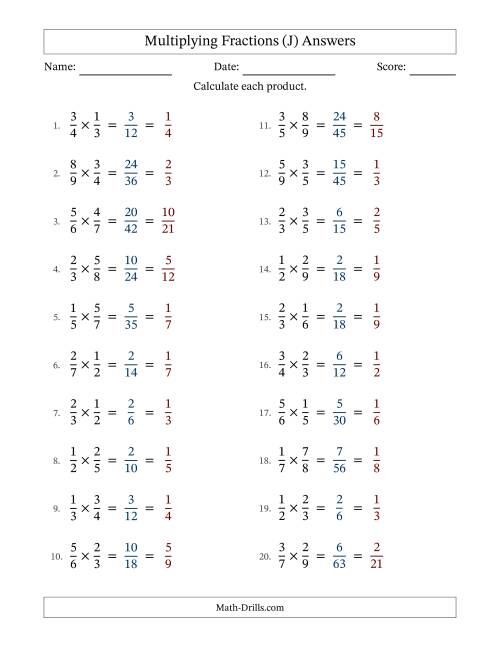 The Multiplying Two Proper Fractions with All Simplification (J) Math Worksheet Page 2