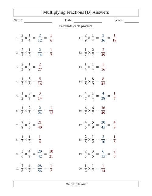 The Multiplying Two Proper Fractions with Some Simplification (D) Math Worksheet Page 2