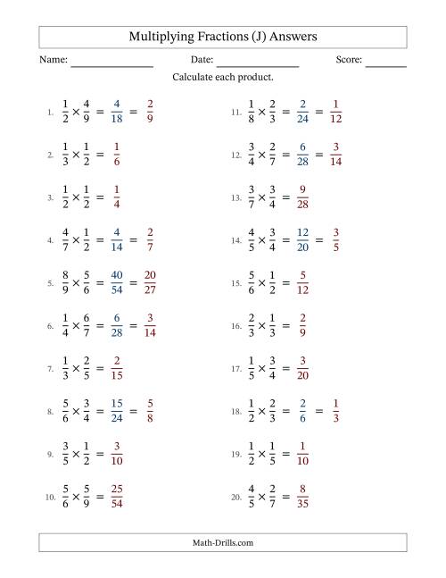 The Multiplying Two Proper Fractions with Some Simplification (J) Math Worksheet Page 2