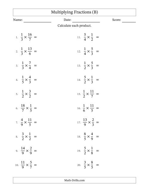 The Multiplying Proper and Improper Fractions with No Simplification (B) Math Worksheet