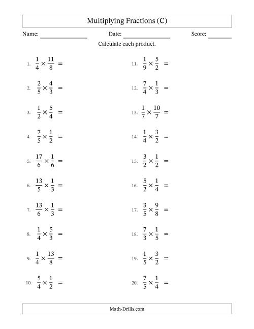 The Multiplying Proper and Improper Fractions with No Simplification (C) Math Worksheet