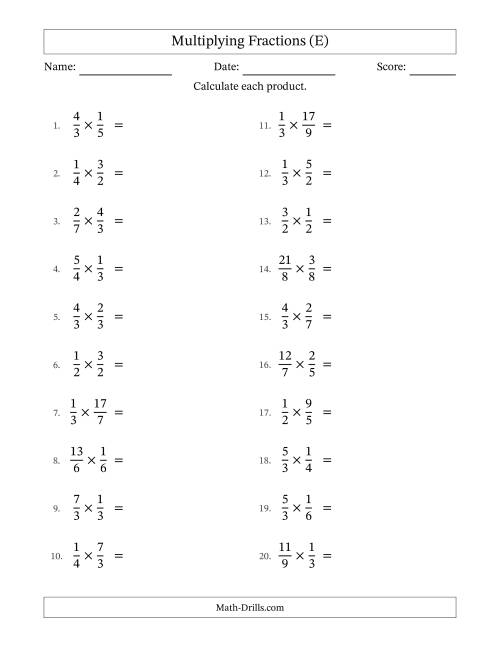 The Multiplying Proper and Improper Fractions with No Simplification (E) Math Worksheet