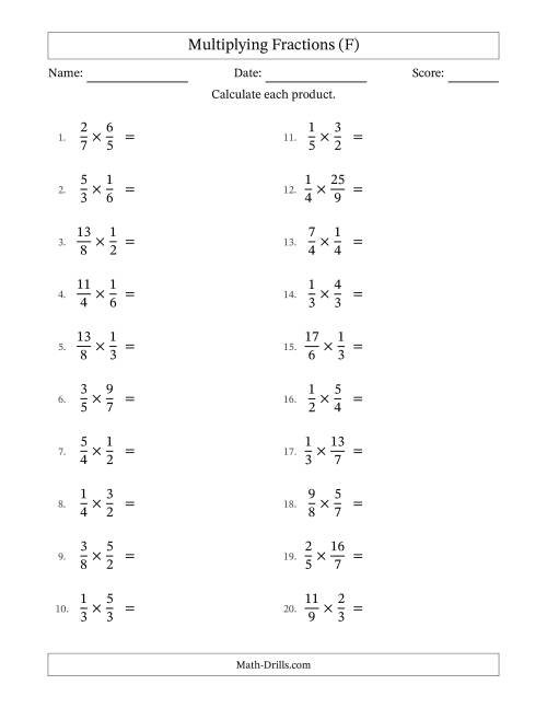 The Multiplying Proper and Improper Fractions with No Simplification (F) Math Worksheet