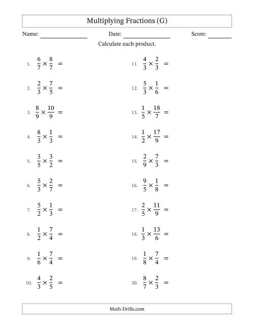 The Multiplying Proper and Improper Fractions with No Simplification (G) Math Worksheet