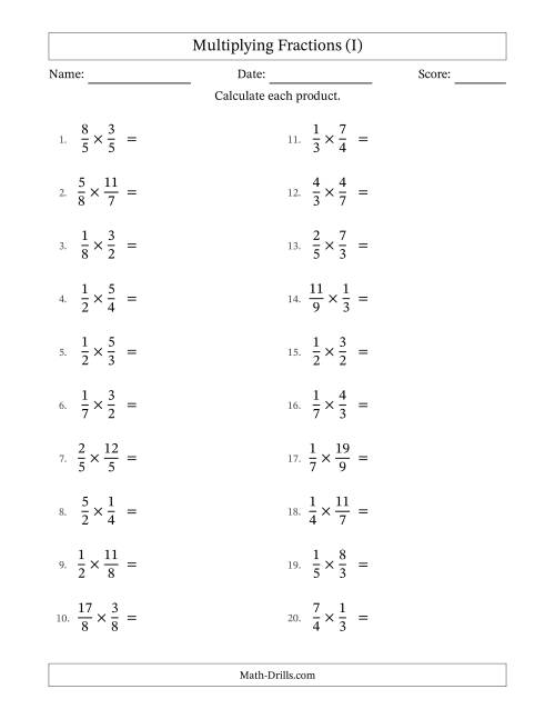 The Multiplying Proper and Improper Fractions with No Simplification (I) Math Worksheet