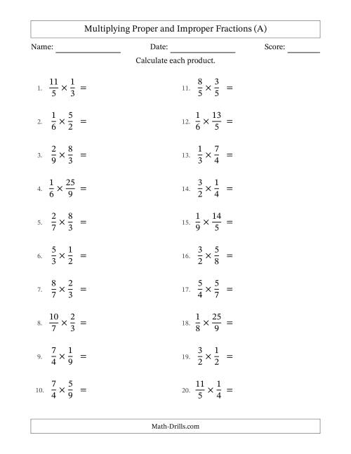 The Multiplying Proper and Improper Fractions with No Simplifying (All) Math Worksheet