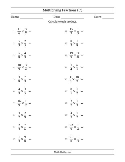 The Multiplying Proper and Improper Fractions with All Simplification (C) Math Worksheet