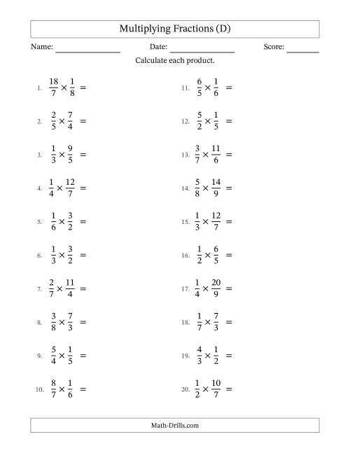 The Multiplying Proper and Improper Fractions with All Simplification (D) Math Worksheet