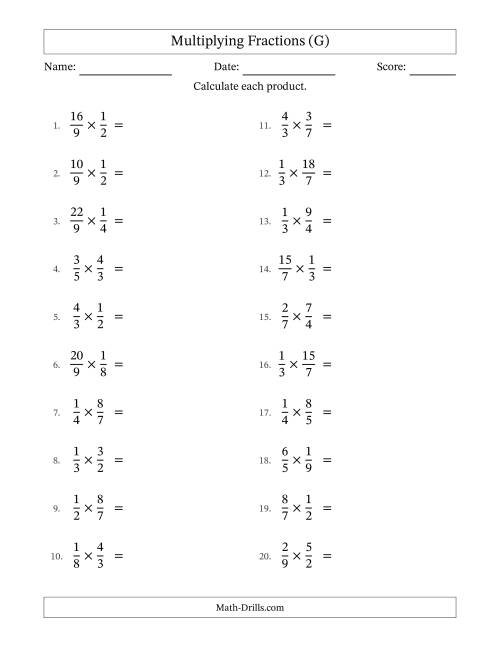 The Multiplying Proper and Improper Fractions with All Simplification (G) Math Worksheet